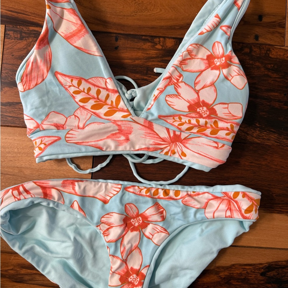 Maaji Girls Reversible Floral Bikini Set in Light Blue and Coral